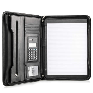 Cossini Premium Business Portfolio with Zipper – Padfolio - Superior Business Impressions Begin with PU Vegan Leather, 10.1 Inch Tablet Sleeve, Smart Storage, Solar Calculator, Writing Pad -Brown