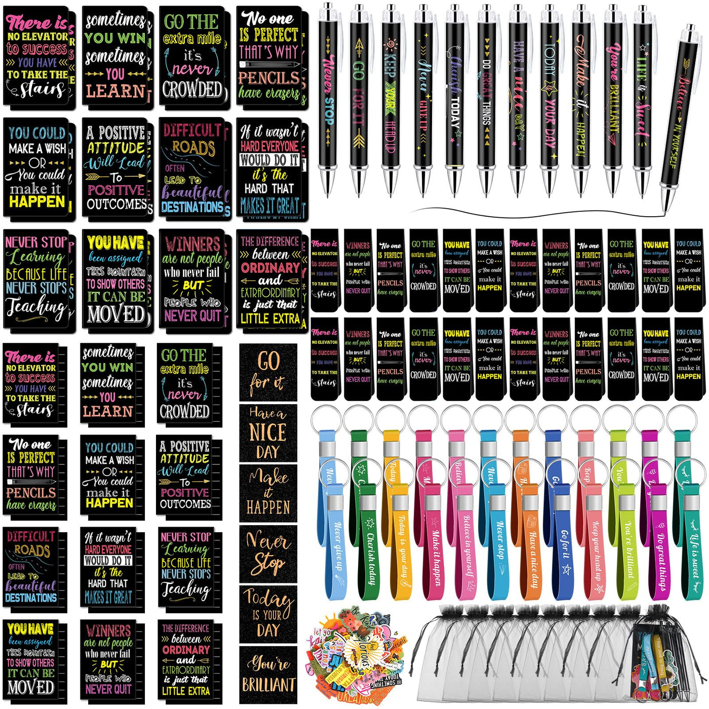 Pasimy 218 Pcs Inspirational Stationery Gifts Motivational Mini Notepad Pen Quote Bookmarks Stress Relief Stickers Inspiring Silicone Keychains for Home Office Appreciation Gift(Stylish)