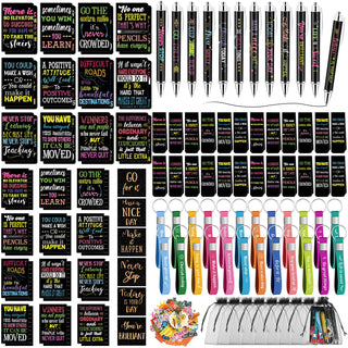 Pasimy 218 Pcs Inspirational Stationery Gifts Motivational Mini Notepad Pen Quote Bookmarks Stress Relief Stickers Inspiring Silicone Keychains for Home Office Appreciation Gift(Stylish)