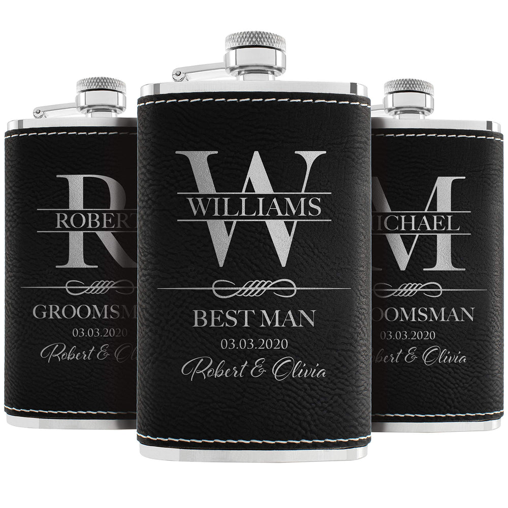 Personalized Hip Flasks Set of 6 - Engraved Leatherette 6 Oz, Best Man & Groomsmen Proposal Gifts, Wedding Party Favors - Chestnut #4