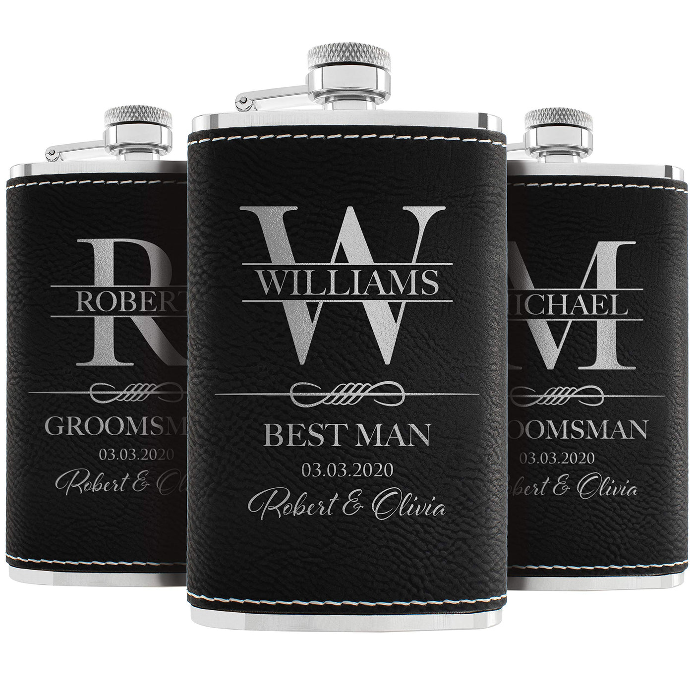 Personalized Hip Flasks Set of 6 - Engraved Leatherette 6 Oz, Best Man & Groomsmen Proposal Gifts, Wedding Party Favors - Chestnut #4