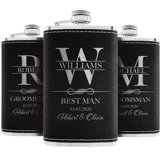 Personalized Hip Flasks Set of 6 - Engraved Leatherette 6 Oz, Best Man & Groomsmen Proposal Gifts, Wedding Party Favors - Chestnut #4