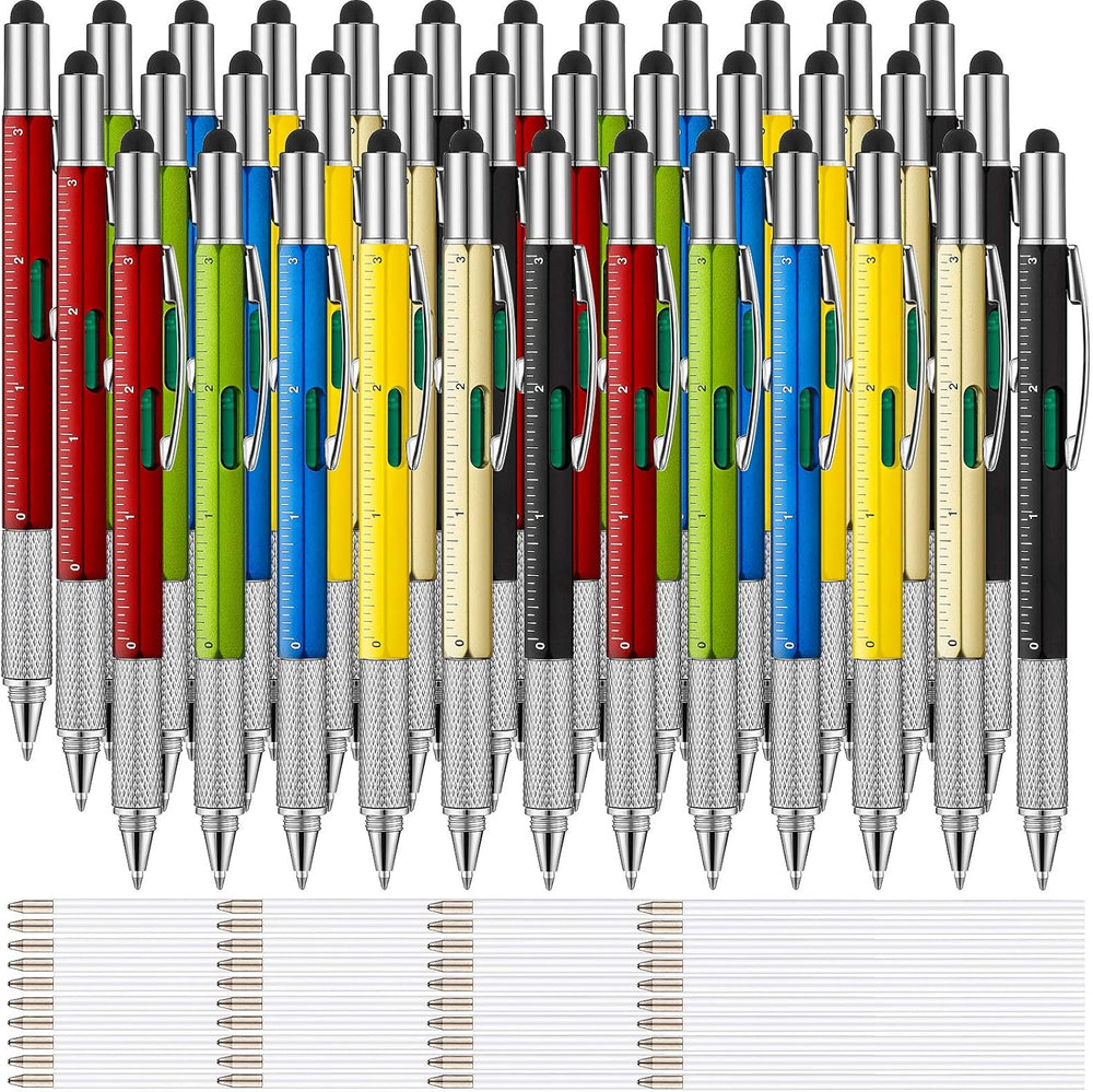 Zonon 36 Pcs 6 in 1 Multi Tool Pen with Ruler Level Gauge Screwdriver Multifunction Touch Screen Multitool Tech Ballpoint Pens and Black Ink Refills for Father's Day Birthday Party Gift