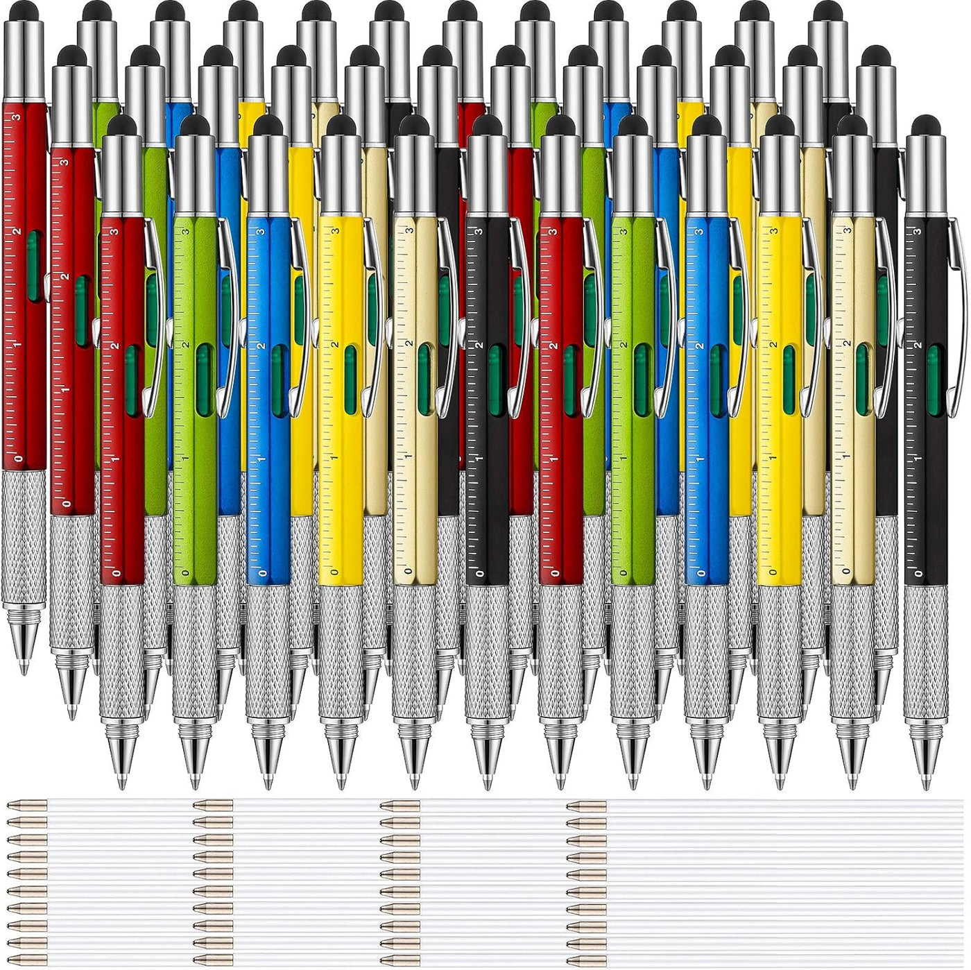 Zonon 36 Pcs 6 in 1 Multi Tool Pen with Ruler Level Gauge Screwdriver Multifunction Touch Screen Multitool Tech Ballpoint Pens and Black Ink Refills for Father's Day Birthday Party Gift