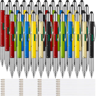 Zonon 36 Pcs 6 in 1 Multi Tool Pen with Ruler Level Gauge Screwdriver Multifunction Touch Screen Multitool Tech Ballpoint Pens and Black Ink Refills for Father's Day Birthday Party Gift