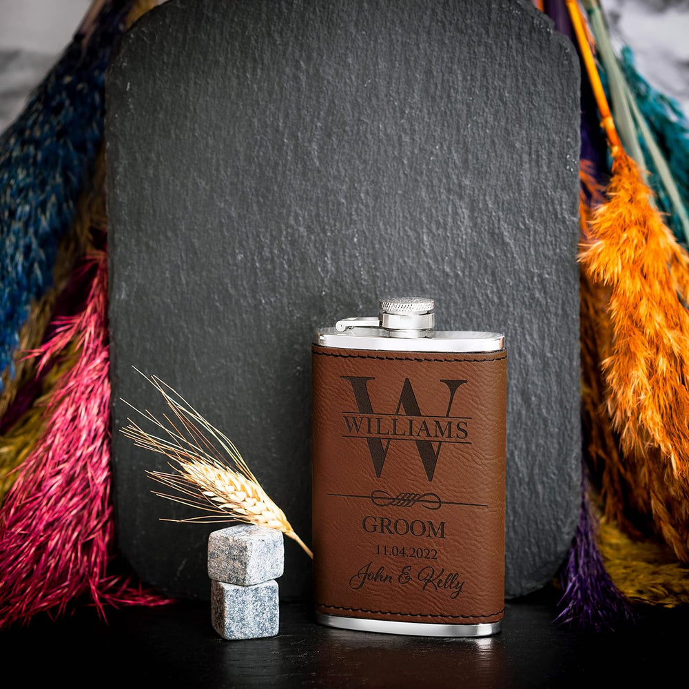 Personalized Hip Flasks Set of 6 - Engraved Leatherette 6 Oz, Best Man & Groomsmen Proposal Gifts, Wedding Party Favors - Chestnut #4