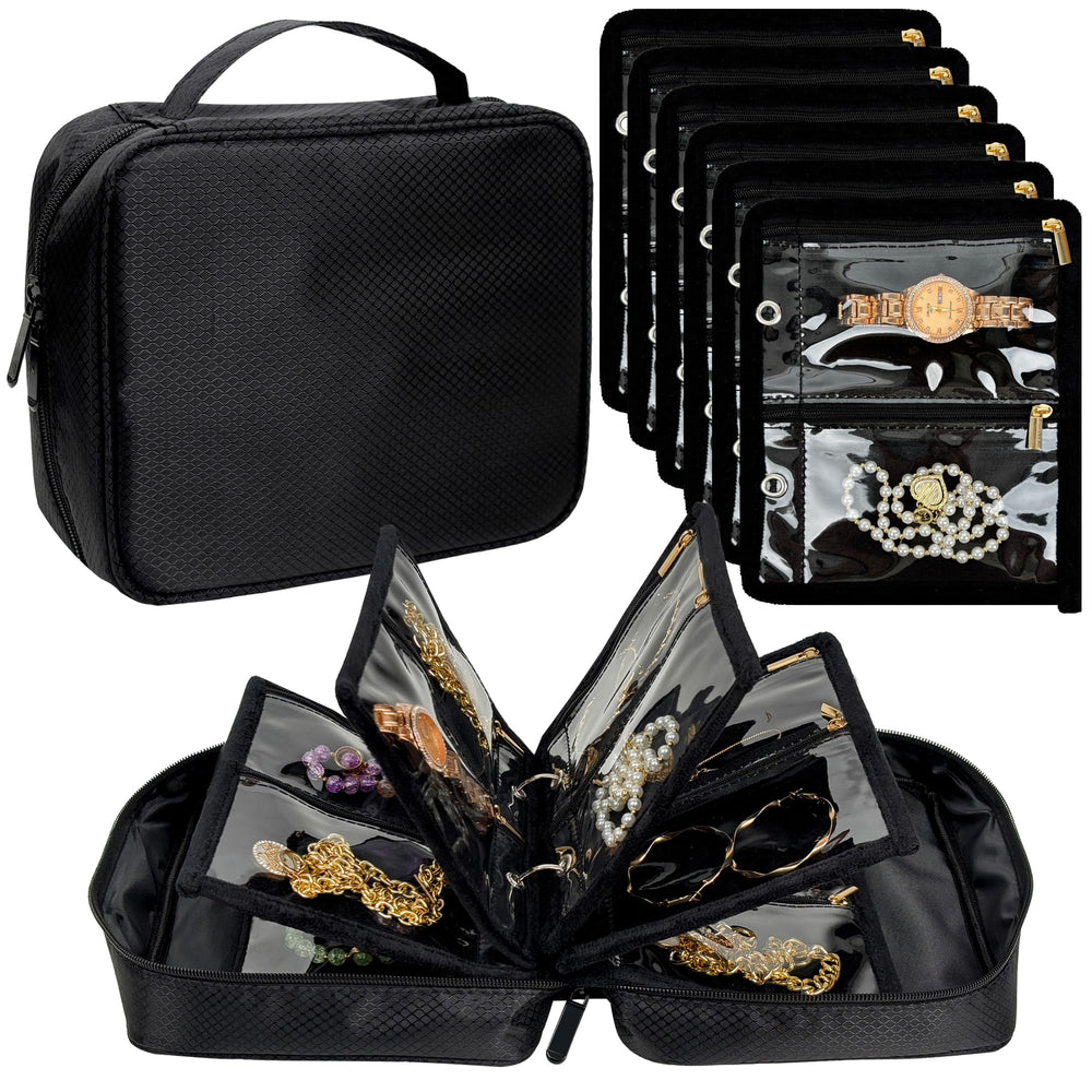 Travel Jewelry Organizer Case,Jewelry Bags for Traveling, Jewelry Binder with 24 Pcs Clear Zipper Velvet Pouches for Storing Earrings, Rings, Necklace, Bracelet, Watch (Beige)