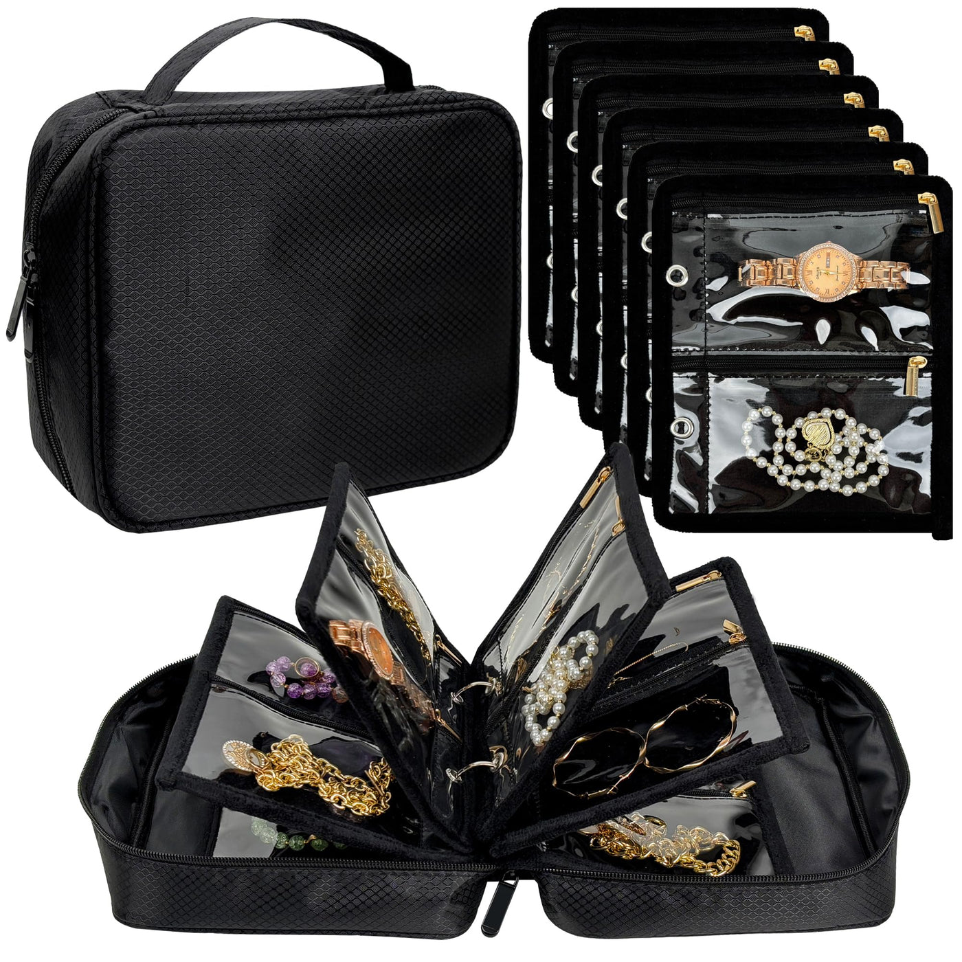 Travel Jewelry Organizer Case,Jewelry Bags for Traveling, Jewelry Binder with 24 Pcs Clear Zipper Velvet Pouches for Storing Earrings, Rings, Necklace, Bracelet, Watch (Beige)