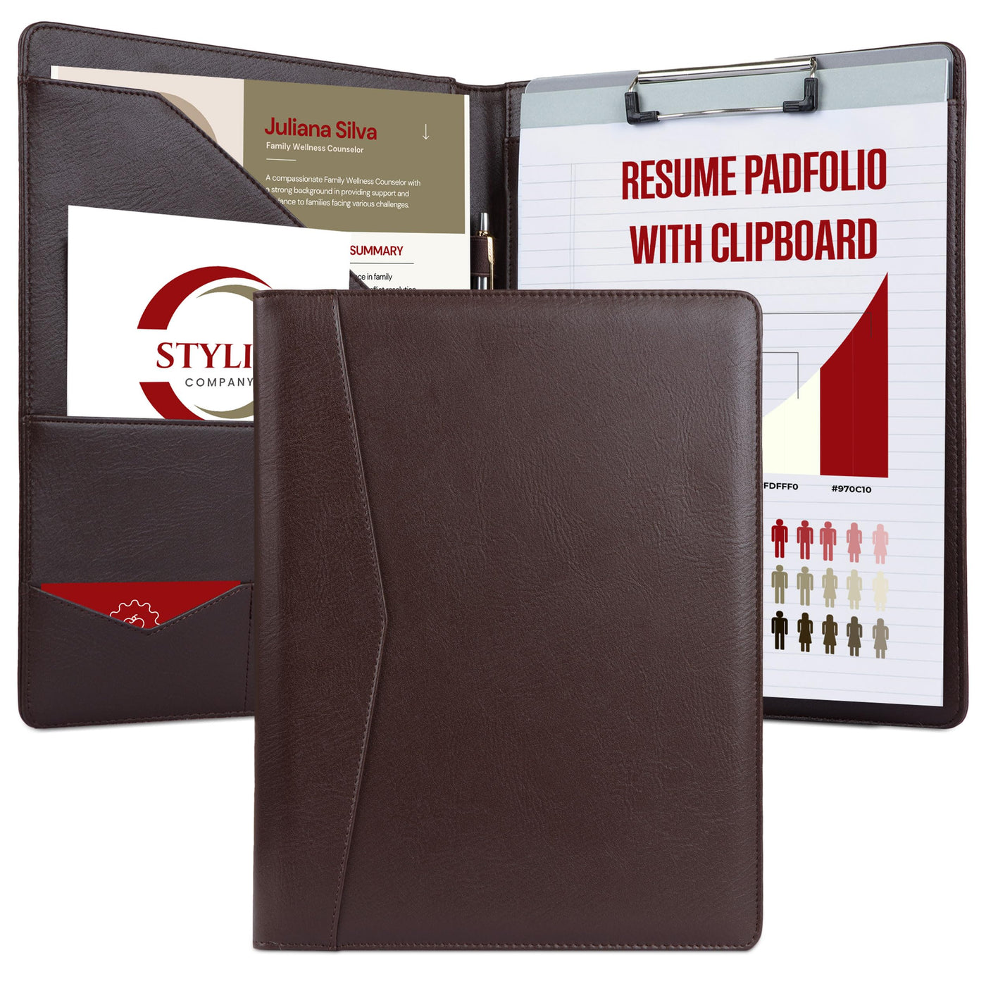 STYLIO Padfolio Portfolio Organizer Binder | Interview Resume Folder, Legal Document, Business Card Holder |w/Letter-Sized Notepad | Handsome Piano Noir Faux Leather Folio Matte Finish, Accent Stitch
