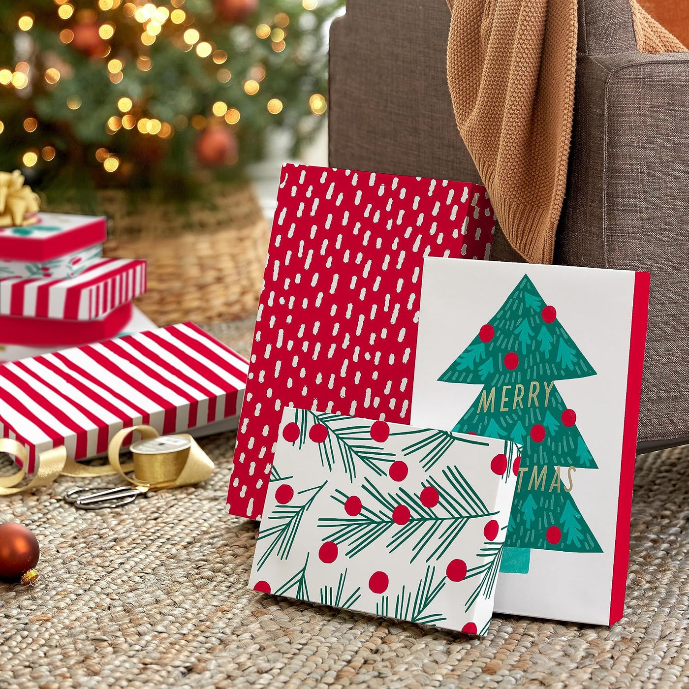 Hallmark Christmas Shirt Boxes for Presents (10 Clothes Boxes with Lids: 3 Small 11", 5 Medium 14", 2 Large 16") Red and White Stripes, Green Tree with Rainbows, Joy, Very Merry
