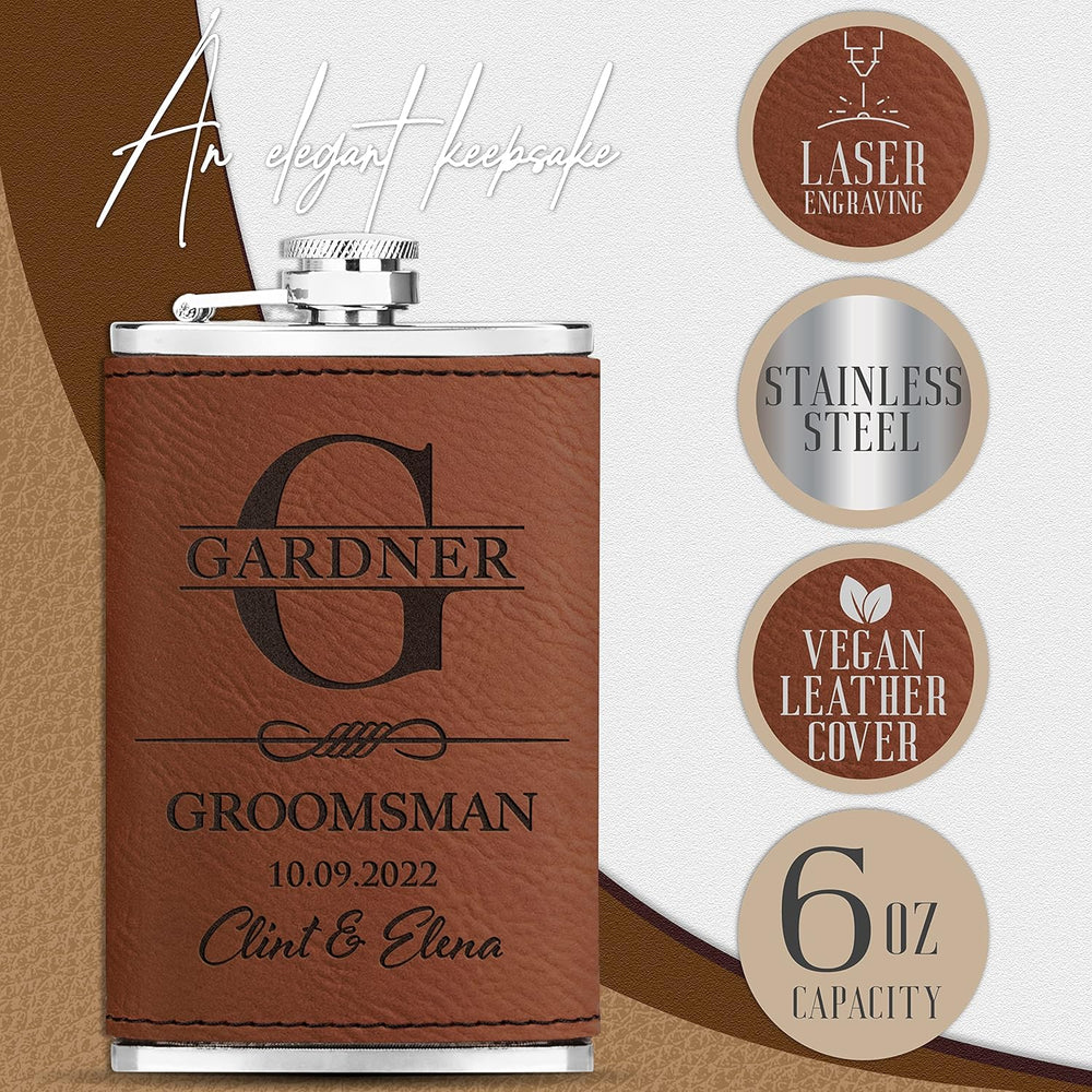 Personalized Hip Flasks Set of 6 - Engraved Leatherette 6 Oz, Best Man & Groomsmen Proposal Gifts, Wedding Party Favors - Chestnut #4
