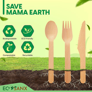 ECOSANX® 120 PCs Disposable Wooden Cutlery set 6.3" Splinter Free Compostable Utensils for party, Eco-Friendly, 100% All-Natural Bamboo Utensils set for picnic, Bamboo cutlery set for Events & More