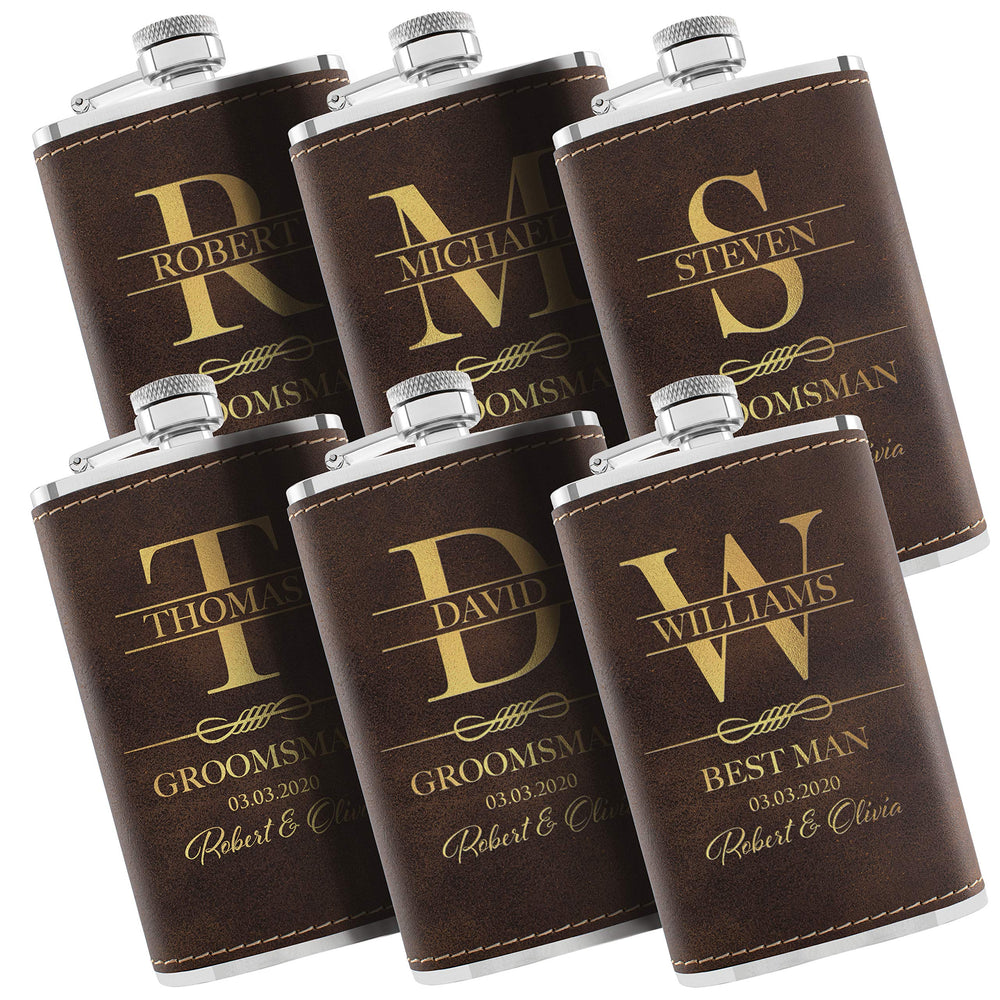 Personalized Hip Flasks Set of 6 - Engraved Leatherette 6 Oz, Best Man & Groomsmen Proposal Gifts, Wedding Party Favors - Chestnut #4