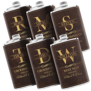 Personalized Hip Flasks Set of 6 - Engraved Leatherette 6 Oz, Best Man & Groomsmen Proposal Gifts, Wedding Party Favors - Chestnut #4