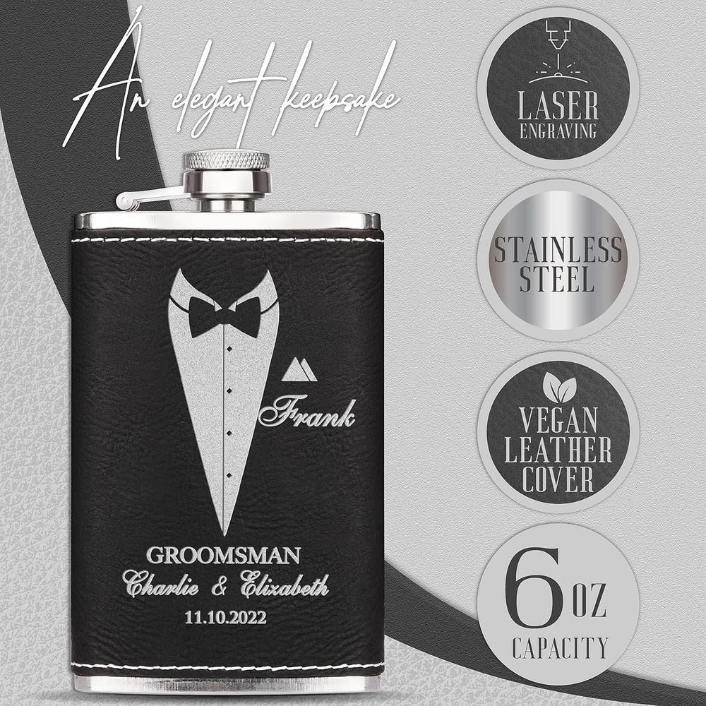 Groomsmen Gifts, Personalized Hip Flasks, Groomsmen Proposal, 6 Oz Engraved Leatherette Flasks for Men, Best Man Gifts for Wedding, Groomsmen Gifts for Wedding - Black #2