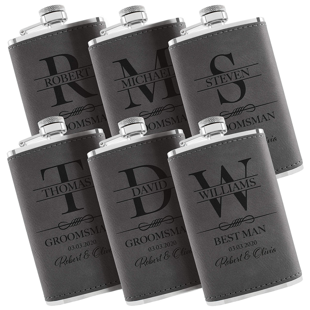 Personalized Hip Flasks Set of 6 - Engraved Leatherette 6 Oz, Best Man & Groomsmen Proposal Gifts, Wedding Party Favors - Chestnut #4