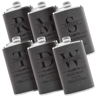 Personalized Hip Flasks Set of 6 - Engraved Leatherette 6 Oz, Best Man & Groomsmen Proposal Gifts, Wedding Party Favors - Chestnut #4