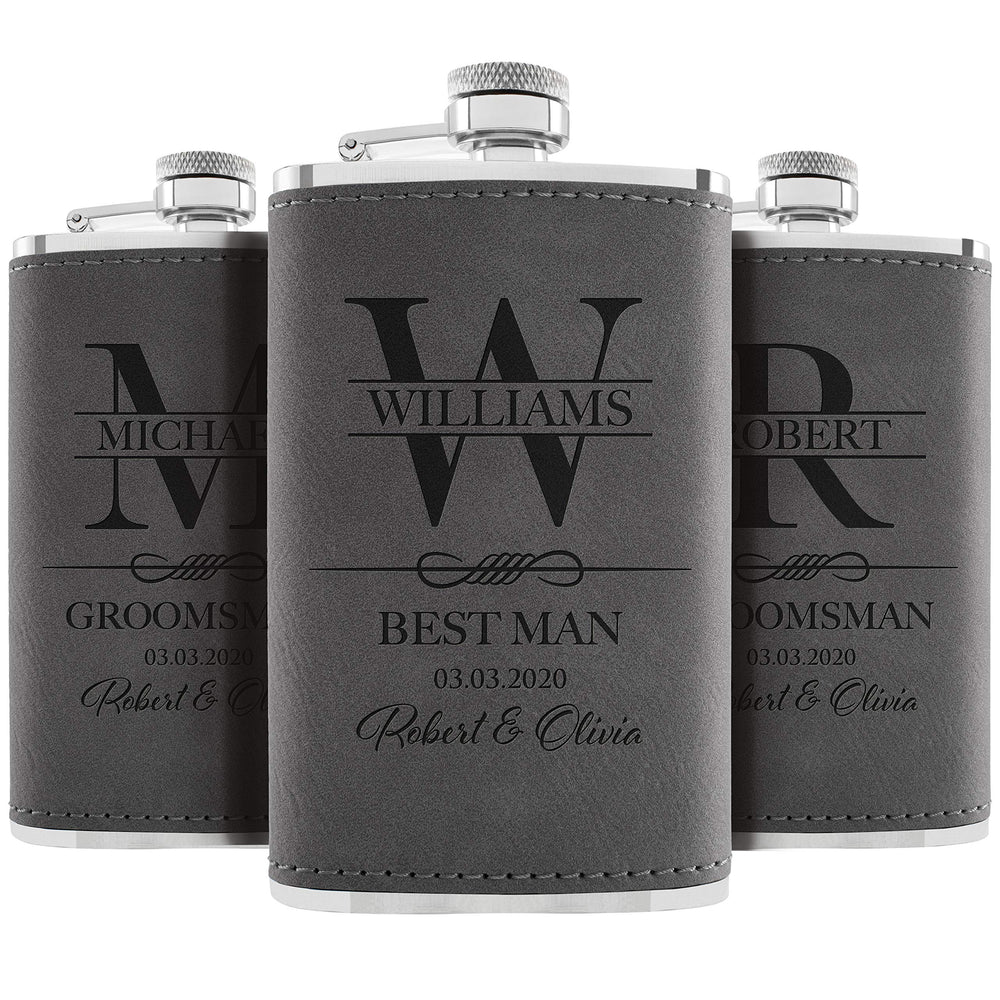 Personalized Hip Flasks Set of 6 - Engraved Leatherette 6 Oz, Best Man & Groomsmen Proposal Gifts, Wedding Party Favors - Chestnut #4