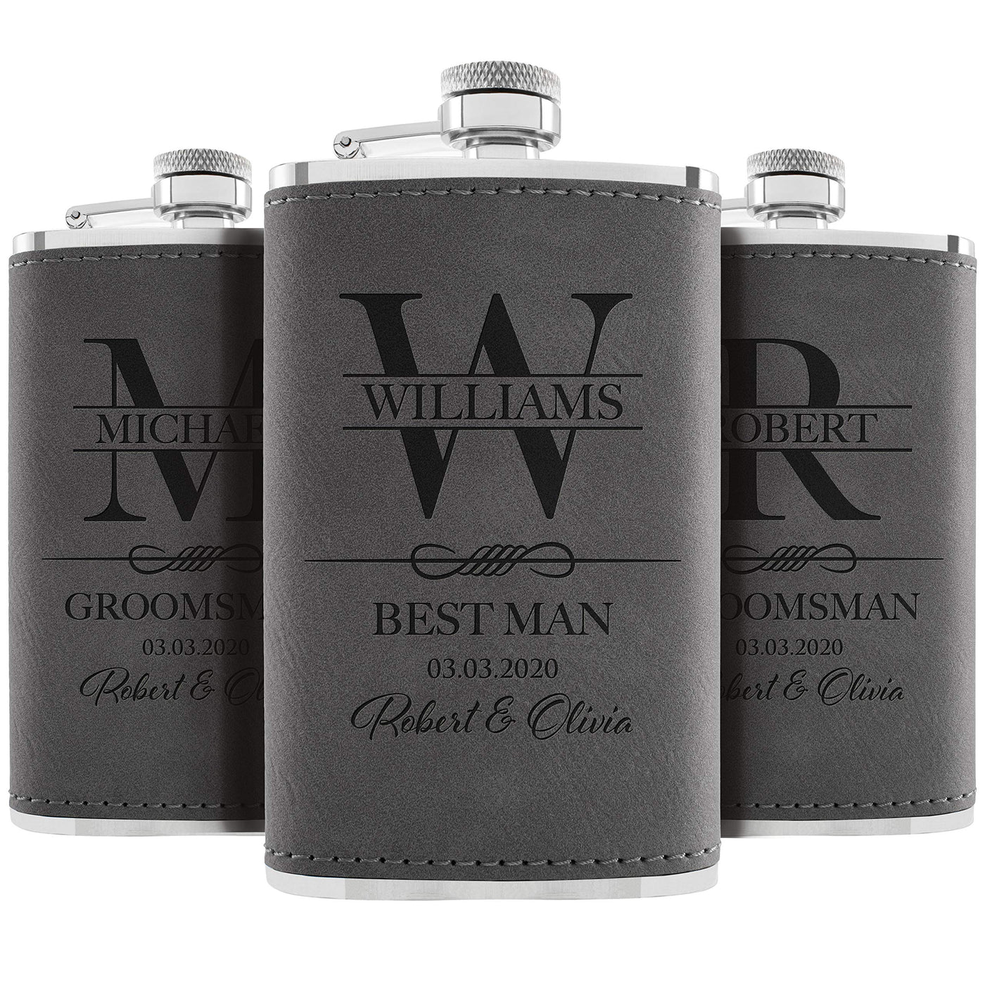 Personalized Hip Flasks Set of 6 - Engraved Leatherette 6 Oz, Best Man & Groomsmen Proposal Gifts, Wedding Party Favors - Chestnut #4