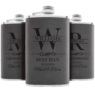 Personalized Hip Flasks Set of 6 - Engraved Leatherette 6 Oz, Best Man & Groomsmen Proposal Gifts, Wedding Party Favors - Chestnut #4