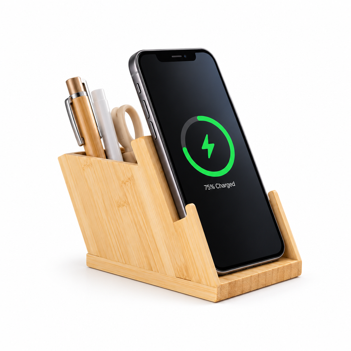Bamboo 15W Wireless Charging Phone Stand with Pen Holder