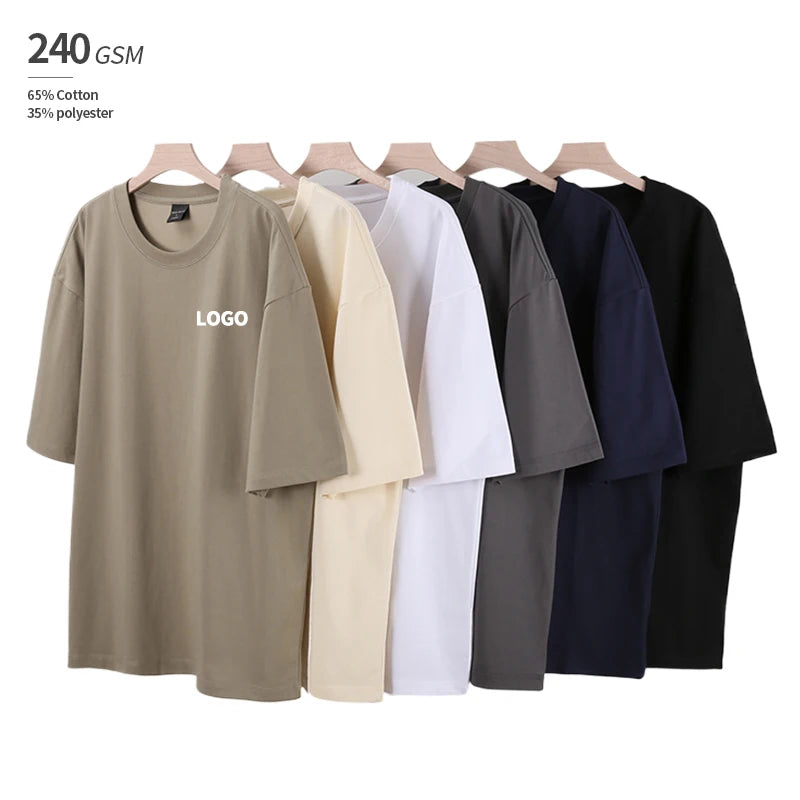 Customizable Pattern Solid Color 240gsm Oversize 65% Cotton 35% Polyester Fiber Round Neck T-Shirt  Casual Style