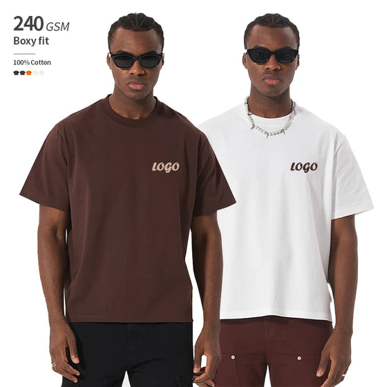 100% Cotton Boxy Men's T-Shirt 240 GSM Heavyweight Streetwear Oversized Dropped Shoulders Cropped Custom Logo Short American OEM