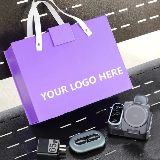Custom Purple Business Tech Gift Set 3in1 Magnetic Wireless Charger AI Translation Earbuds 65W Travel Charger Corporate Gift Box - hover image