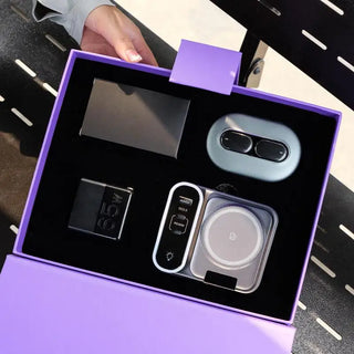 Custom Purple Business Tech Gift Set 3in1 Magnetic Wireless Charger AI Translation Earbuds 65W Travel Charger Corporate Gift Box