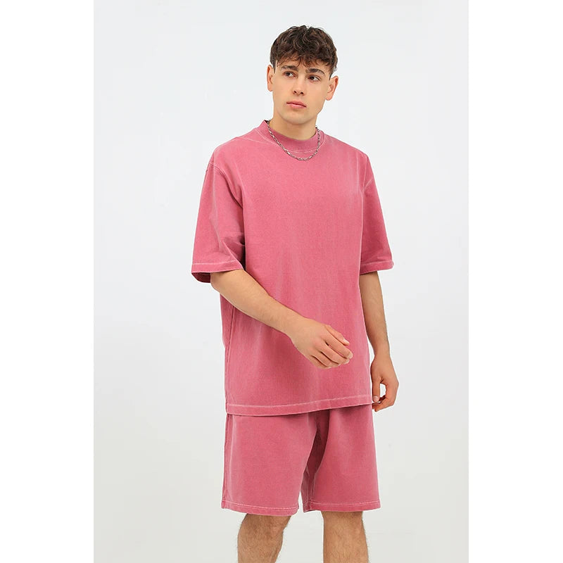 US Size 100% Cotton Dazzle Dyed Oversized Streetwear Unisex Fashion T-Shirt Shorts Set Drop Shoulders Casual Summer Style