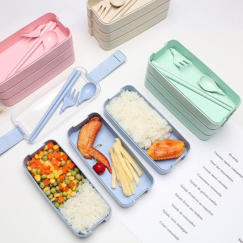 3-Tier Wheat Straw Lunch Box with Cutlery