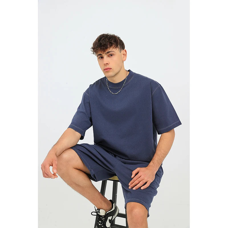 US Size 100% Cotton Dazzle Dyed Oversized Streetwear Unisex Fashion T-Shirt Shorts Set Drop Shoulders Casual Summer Style