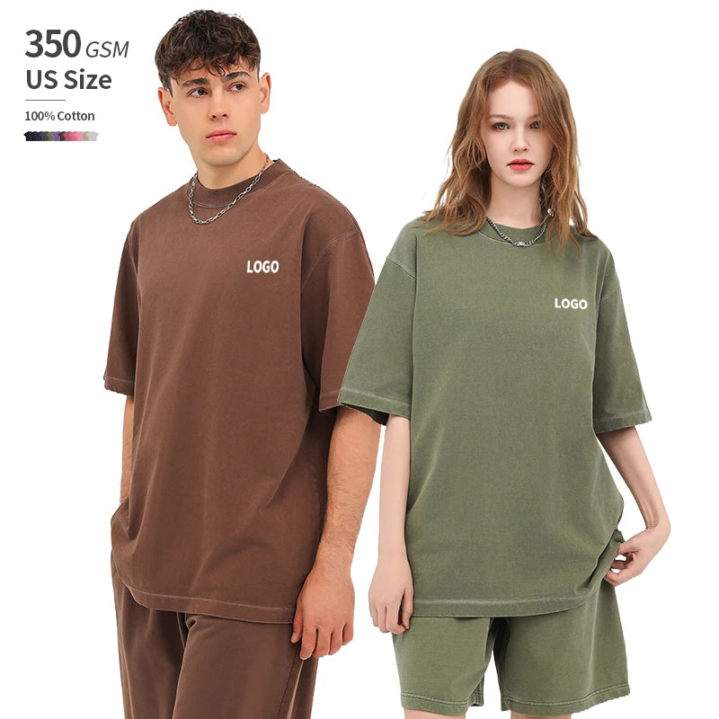 US Size 100% Cotton Dazzle Dyed Oversized Streetwear Unisex Fashion T-Shirt Shorts Set Drop Shoulders Casual Summer Style