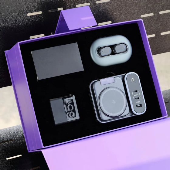 Custom Purple Business Tech Gift Set 3in1 Magnetic Wireless Charger AI Translation Earbuds 65W Travel Charger Corporate Gift Box