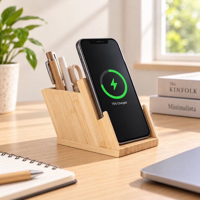 Bamboo 15W Wireless Charging Phone Stand with Pen Holder